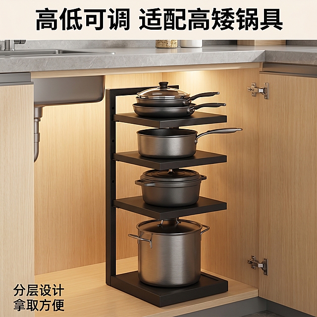 [主图 4] 锅具置物架高低可调使用场景展示图。
[氛围风格] 温馨舒适简单实用，真实日常厨房使用场景
[画质] 商业摄影质感、光线柔和通透、产品清晰真实、画面干净高级
[元素] 展示黑色锅具置物架放置在厨房水槽下方柜子内部，分层放置不同高度的锅具，高锅放在下层矮锅放在上层，直观体现高低可调和分层收纳的实用性，周围是干净整洁的浅木色厨房环境。保持产品外观即物理结构材质质感颜色与输入产品图完全一致，杜绝任何变形和色差，精细化处理。商品主体占比约70%，满屏无边框。
[光影] 明亮柔和的柜内灯光，清晰展示收纳效果，整体光线通透自然
[配色] 浅木色柜体搭配灰色台面，黑色置物架，温馨自然色调
[视角构图] 平视视角，展示完整收纳场景，景深适中，代入感强
[文字版式] 顶部标题「高低可调 适配高矮锅具」大号粗体，左下角补充说明「分层设计 拿取方便」小号文字，文字不遮挡产品和锅具主体，清晰易读
[比例分辨率] 1:1比例，2k分辨率，文字清晰可辨，超高清
[负向提示词] 变形，水印，文字错乱，产品图模糊，背景杂乱，锅具遮挡产品主体