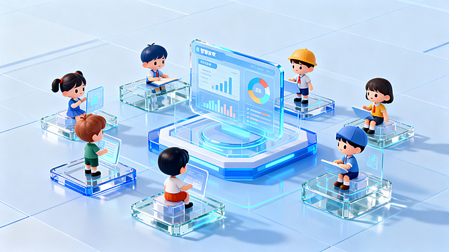 核心内容为智慧教育生态，融合参考图片的幼儿卡通玩偶元素、蓝色透明玻璃科技风格，整体采用干净明亮的清透蓝色调，玻璃材质通透清晰，多个幼儿围绕智能教育数据展示模块，构建完整的智慧教育科技生态场景，不要出现任何文字文本内容，3D立体科技风格