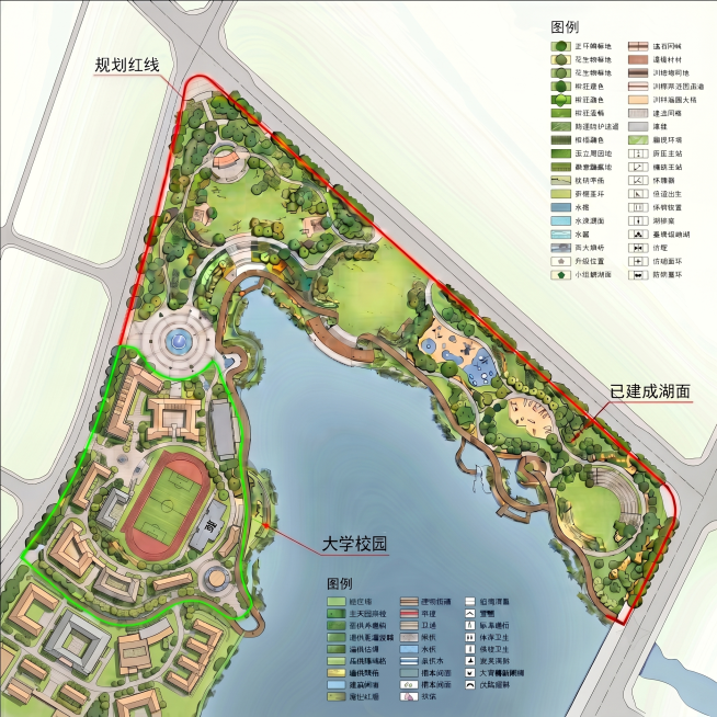 保持红线内的公园整体设计不变，仅将红线外左下角属于绿色范围的原有水面修改为大学校园区域，仅修改红线外区域，保持原图风格不变，红线内公园部分完全不动预览效果