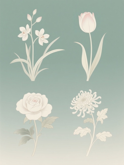中国风插画，纯色背景，细腻流畅的线条勾勒，淡雅清新的配色，平面化与轻微渐变结合的质感，传统工笔画韵味，规整排布的系列素材集合，包含兰花、郁金香、玫瑰花、菊花四个完全不同的花卉元素，每个花卉元素均保留清晰的轮廓线和简约的细节刻画，整体构图平衡和谐，营造雅致宁静的氛围。预览效果