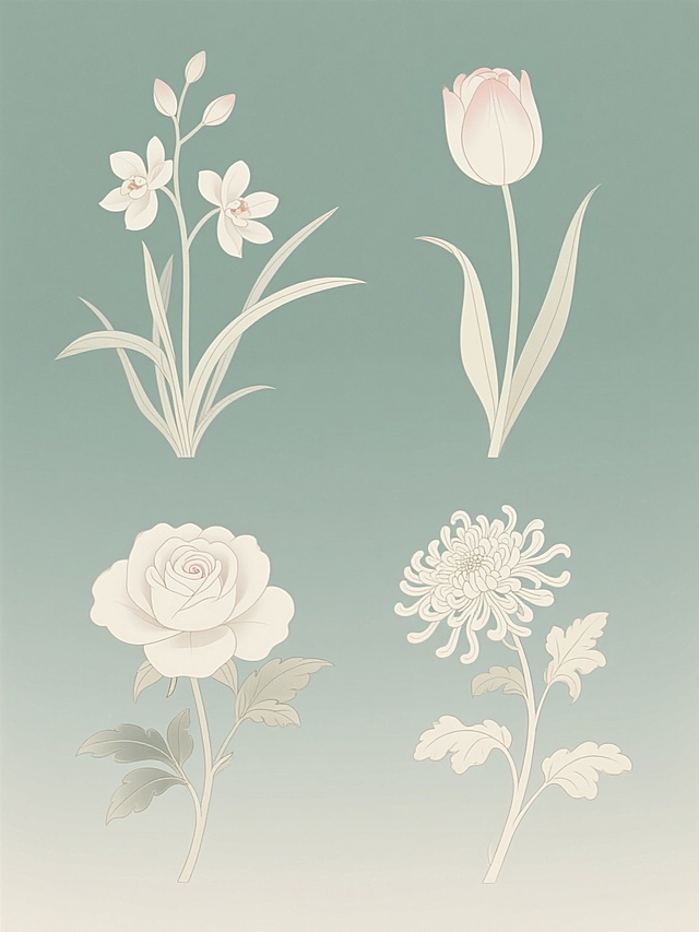 中国风插画，纯色背景，细腻流畅的线条勾勒，淡雅清新的配色，平面化与轻微渐变结合的质感，传统工笔画韵味，规整排布的系列素材集合，包含兰花、郁金香、玫瑰花、菊花四个完全不同的花卉元素，每个花卉元素均保留清晰的轮廓线和简约的细节刻画，整体构图平衡和谐，营造雅致宁静的氛围。