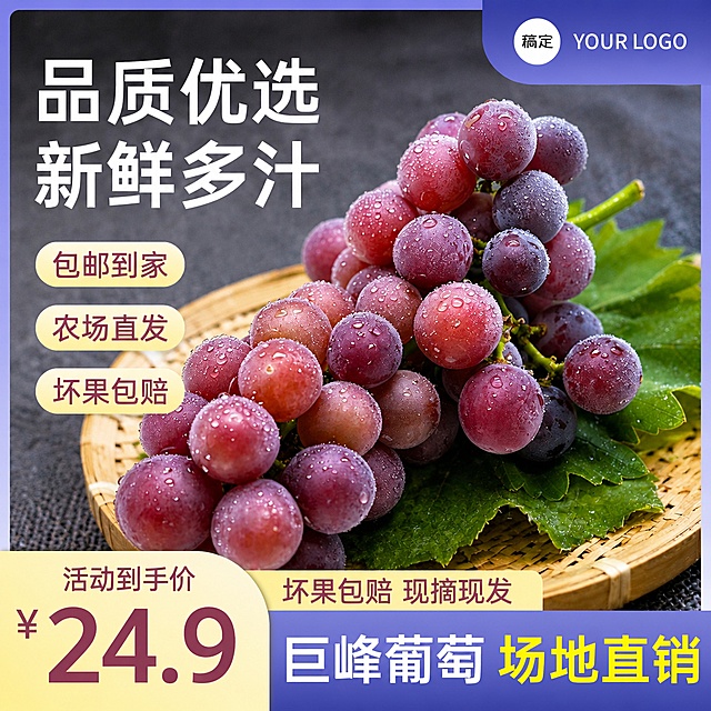 [主图-1] 巨峰葡萄首图 食欲感爆汁场景。
[氛围风格] 参考图1的电商主图风格，紫蓝渐变+暖黄点缀，新鲜水润、商业摄影质感、食欲感强烈；将图1中的葡萄替换为图2的巨峰葡萄外观（颗粒饱满、紫中带红、带水珠、带绿叶和绿藤）。
[画质] 商业摄影质感、光线柔和通透、产品清晰真实、画面干净高级、超高清细节。
[元素] 画面右侧主体为一串完整的巨峰葡萄（与图2葡萄外观完全一致：紫红包渐变、颗粒饱满圆润、表面布满晶莹水珠、带绿色葡萄叶和绿色果藤），放置在浅棕色竹编圆盘上，盘内铺垫新鲜绿色葡萄叶。背景为深灰色亚麻布质感，虚化处理突出主体。左上角为文案负空间。葡萄表面水珠清晰透亮，反光自然。**保持葡萄外观（即物理结构、材质质感、颜色、颗粒形状）与图2产品图一致，杜绝任何变形和色差，精细化处理**。商品主体占比约65%。
[光影] 自然暖阳侧逆光，从右上方打光，葡萄表面形成通透的光泽和水珠高光，阴影柔和落在竹盘和叶片上，光比舒适、高光不溢、暗部有层次。
[配色] 主色调深紫+葡萄红；辅助色紫蓝渐变、暖黄色、绿色叶片；背景深灰蓝。
[视角构图] 平视略俯视角，葡萄串为视觉中心，右置主体左文右图构图，景深中等，背景虚化。
[文字版式] 左上角负空间左对齐，两行大字主文案：第一行"品质优选"白色粗体超大号；第二行"新鲜多汁"白色粗体超大号。左侧竖向排列三个圆角浅黄色标签，分别写"包邮到家""农场直发""坏果包赔"深紫色文字。左下角价格区：浅黄色渐变底，上方小字"活动到手价"深紫色，下方超大数字"¥24.9"深紫色粗体。底部右侧紫蓝渐变底通栏：左侧白字"巨峰葡萄"，右侧黄字"场地直销"；通栏上方浅黄色条带写"坏果包赔 现摘现发"深紫字。右上角圆形白底+紫蓝渐变角标，内有"稿定"小字和"YOUR LOGO"占位。
[输出要求] 1:1比例，文字清晰可辨，超高清商业摄影质感。
[负向提示词] 变形，文字错乱，产品图模糊，背景杂乱，水印，电商平台Logo，葡萄颗粒变形，颜色偏差。