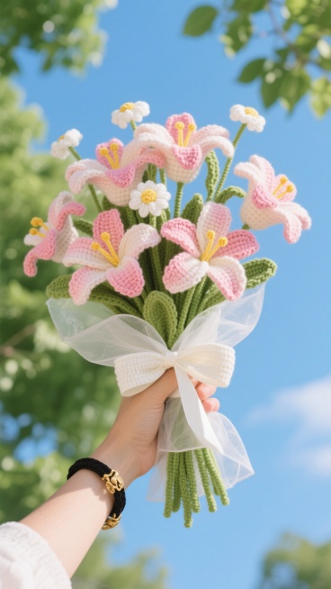 一束手工钩织的花束，主体是多朵粉色渐变的百合花，花瓣边缘颜色稍深，花蕊为黄色，搭配几朵白色的小雏菊，花茎为绿色，用白色雪梨纸和透明纱纸包裹，底部系着白色丝带蝴蝶结，一只戴着黑色和金色手链的手握着花束底部，背景是阳光明媚下的绿色树叶和湛蓝天空，整体呈现出清新自然、温馨治愈的氛围，色彩明亮柔和，光影清晰，具有手工艺术品的细腻质感和真实生活场景的生动感。预览效果