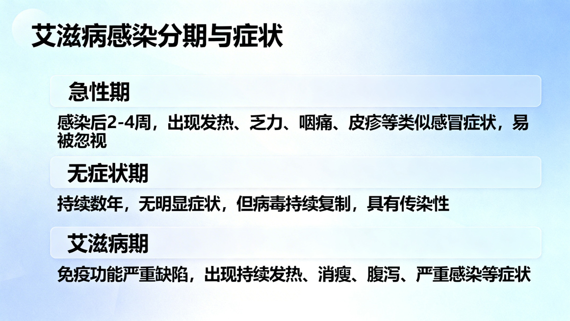 PPT内容页，第一部分：艾滋病核心知识科普，标题"艾滋病感染分期与症状"，正文内容：急性期：感染后2-4周，出现发热、乏力、咽痛、皮疹等类似感冒症状，易被忽视。无症状期：持续数年，无明显症状，但病毒持预览效果