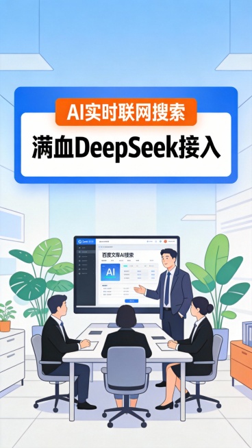 这是一张 9:16 竖版的 APP 功能宣传广告图，整体采用清新明快的扁平插画风格。背景为浅蓝渐变的明亮办公场景，点缀简约的几何线条和绿植，营造出专业又治愈的氛围。中间是文案区，用蓝色边框的白色卡片承预览效果