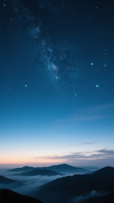 深邃的夜空背景，自上而下呈现深蓝到明亮渐变的色彩层次，无数闪烁的星星分布其间，部分区域星光密集形成星云状光斑，地平线处有被淡淡霞光映照的薄云，下方是轮廓朦胧的层叠山脉剪影，山间云雾缭绕，整体营造出宁静、悠远、神秘的氛围，画面纯净无文字及标识元素。预览效果