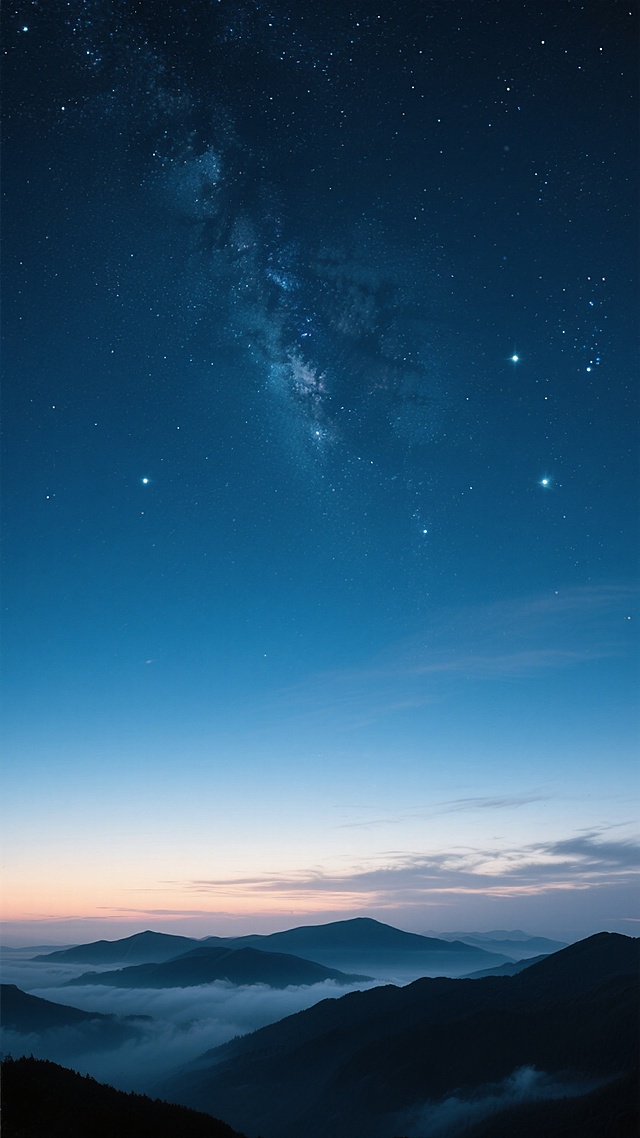 深邃的夜空背景，自上而下呈现深蓝到明亮渐变的色彩层次，无数闪烁的星星分布其间，部分区域星光密集形成星云状光斑，地平线处有被淡淡霞光映照的薄云，下方是轮廓朦胧的层叠山脉剪影，山间云雾缭绕，整体营造出宁静、悠远、神秘的氛围，画面纯净无文字及标识元素。