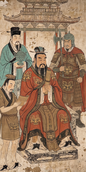画面男主商汤身上大袖宽袍
画中交领大袖、云纹袍服、系带蔽膝是宋代公服 + 道教法袍形制，面料棉麻缯帛、满布流云纹样是宋元审美；
商代史实：商代上层贵族上衣下裳、窄袖短衣为主，织物以麻布、兽皮、少量丝绸预览效果
