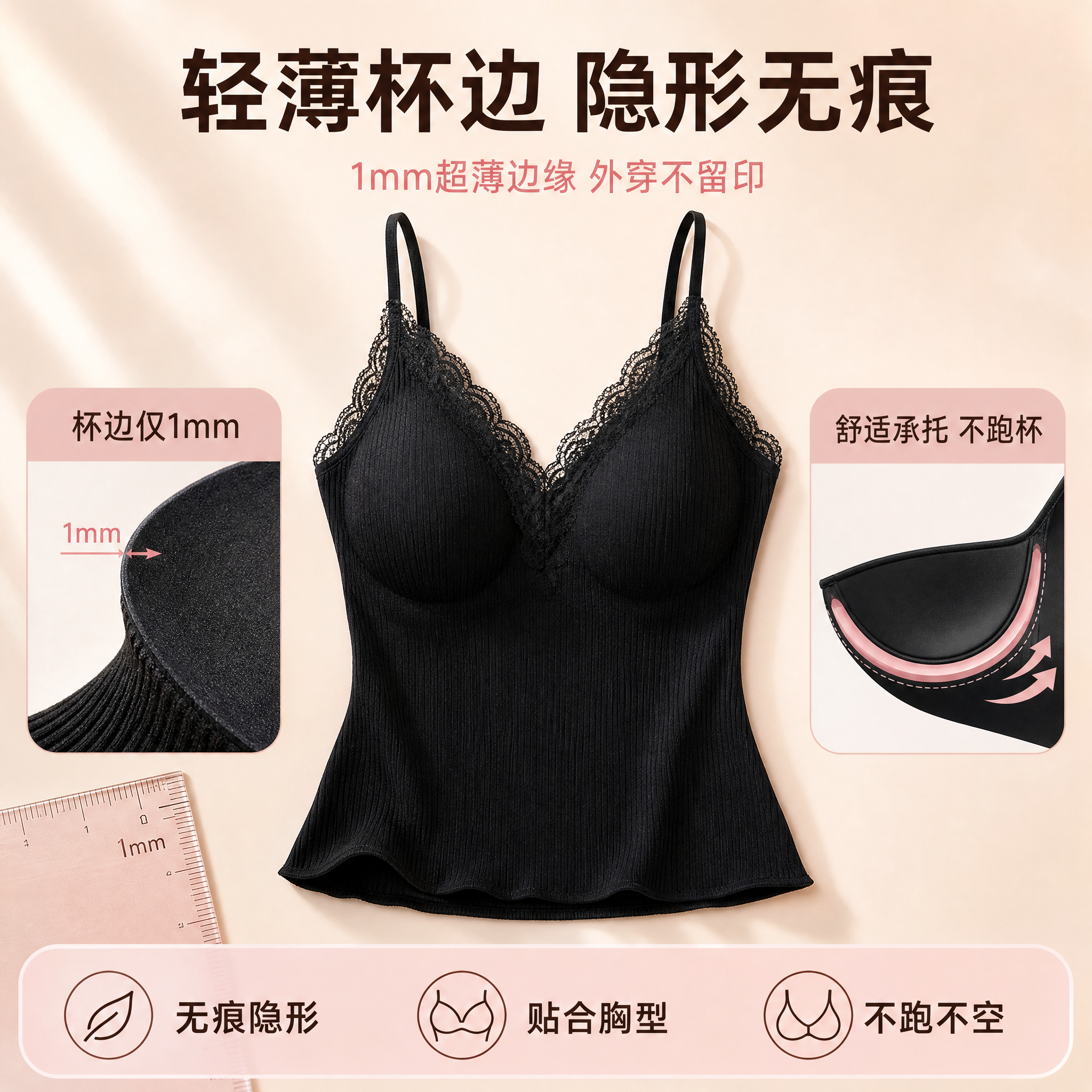 [主图-3 杯型卖点] 蕾丝吊带背心杯型卖点展示，1:1正方形… - 图片创意预览