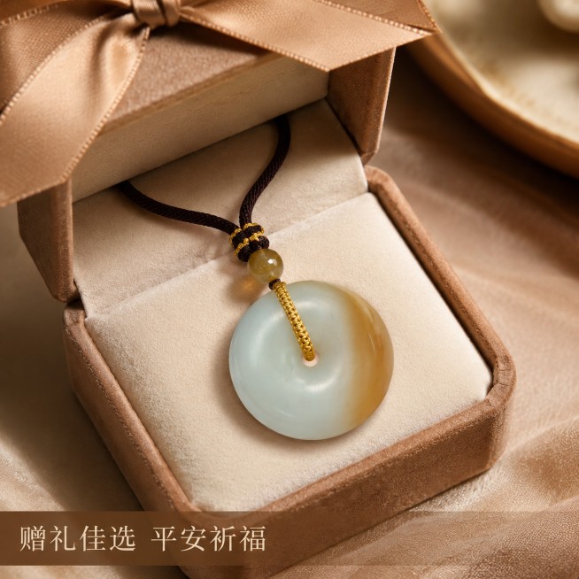 [主图-5] 糖白平安扣礼赠氛围展示。[氛围风格] 雅致仪式感，突出礼赠价值。[画质] 商业摄影质感，画面温馨高级，产品清晰真实。[元素] 糖白平安扣放置在浅棕色绒布首饰礼盒中，礼盒半开，露出平安扣主预览效果