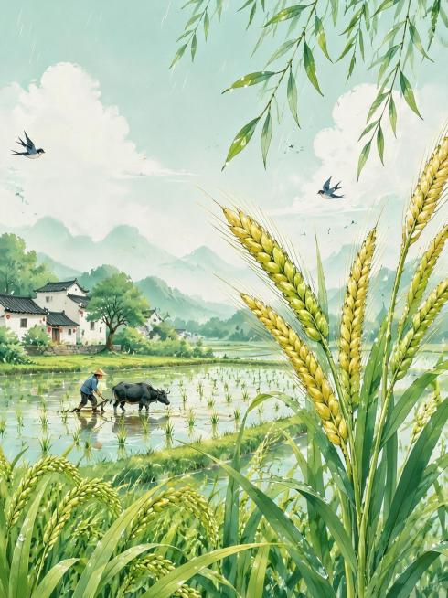二十四节气小满创意海报，国风插画风格，展示初夏稻田麦穗饱满、雨水充沛的乡村景象，带有“小满”书法文字，清新自然配色预览效果