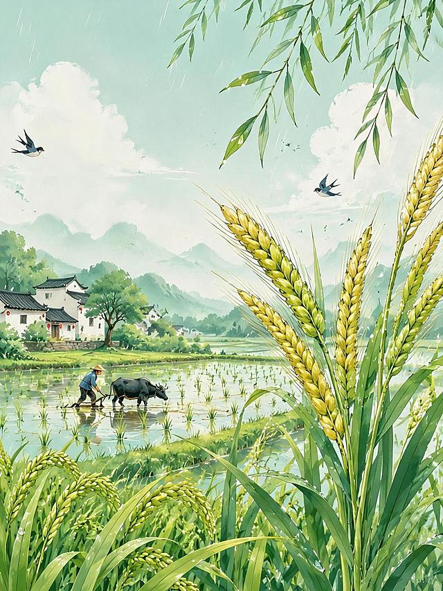 二十四节气小满创意海报，国风插画风格，展示初夏稻田麦穗饱满、雨水充沛的乡村景象，带有“小满”书法文字，清新自然配色