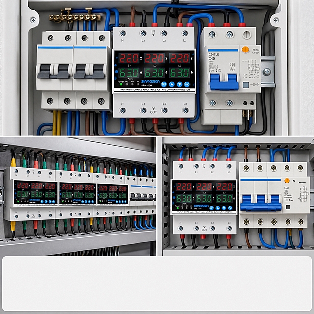 [第3张-场景应用图] Facebook ad image, three-scene collage showing DIN rail digital over under voltage protector in real applications: top large panel home distribution box installation with neat wiring and colorful display glowing, bottom left industrial distribution cabinet with multiple devices on DIN rail, bottom right small commercial circuit panel installation. Professional realistic photography, natural light, high detail. Text copy space at bottom. Suitable for electrical maintenance workers, smart home enthusiasts and industrial electricians. 保持产品物理结构、4P宽模数壳体、工业灰白外壳、黑色面板、红绿LED数码管三相显示、蓝色按键、导轨卡扣与输入产品图完全一致，杜绝变形和色差。三个场景中产品都真实安装在标准DIN导轨上，卡扣接触牢固，线缆连续无断裂，屏幕显示合理数值。画面底部预留文案空间。
[负向提示词] 变形，文字错乱，屏幕乱码，产品图模糊，背景杂乱，水印，电商平台Logo，电线断裂，接线错误，产品悬浮，颜色偏差，中文文字，人物面部。