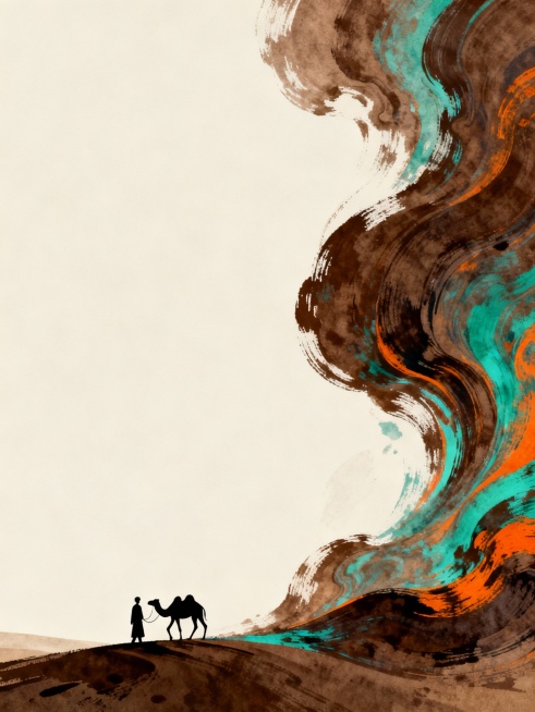 简约风格插画，米白色背景，右下角以厚重画笔笔触描绘深棕色、青绿色与橙色交织的抽象波浪状纹理，纹理如流动的沙丘或祥云般从底部向上蜿蜒延伸，占据画面右侧三分之二空间，色彩过渡自然且富有层次感，画面左下角近底部中央位置，一个剪影式的黑色小人牵着一头双峰骆驼的黑色剪影，人物与骆驼姿态自然，体型小巧，与右侧大面积的抽象纹理形成鲜明对比，营造出宁静、悠远且略带神秘的氛围，整体构图采用非对称平衡，视觉焦点集……预览效果