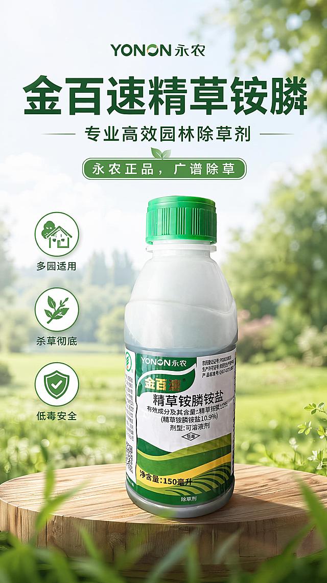 商品营销海报，写实商业摄影风格，专业农业农资风，绿色自然调。主标题："金百速精草铵膦"，副标题："专业高效园林除草剂"，装饰文案："永农正品，广谱除草"。卖点标签放在负空间：多园适用 杀草彻底 低毒安全。主体展示产品：永农金百速精草铵膦铵盐除草剂，100%还原上传商品图https://gdesign-dam-hz.dancf.com/37072309293537377/2b49dd08111a41638da692aaa2322790.jpg的产品外形、包装、LOGO、印刷文字、净含量，保持原图瓶型、轮廓、结构、比例、瓶盖、标签版式、品牌logo、容量信息、材质质感、颜色与正面朝向一致。产品放置在干净简约木质农资展台，背景是绿色清新田园，前景点缀虚化青草，顶部自然光侧前方柔光，景深效果，画面版式精美，四边留安全边距，文字清晰不遮挡主体，整体专业干净，9:16比例