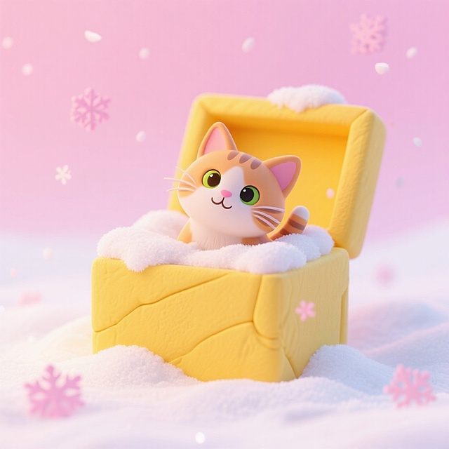 一个小猫从一个装满雪的黄色盒子中伸出头来，粉色下雪渐变背景。
