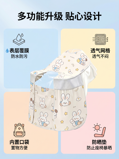 「图片1」生成电商详情页，特点：侧帘冰丝，面料表层覆膜防水防污，透气网格通风透气不闷热，内置两个大口袋置物方便，停车带防晒垫防止座椅暴晒烫屁股预览效果