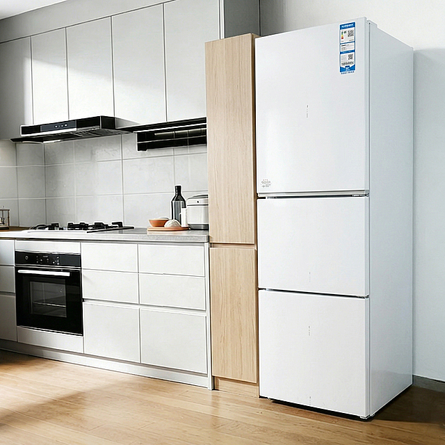 现代简约厨房，性冷淡风设计，白色冰箱与木质元素融合，营造清爽舒适氛围，塑料质感表面凸显极简美学。