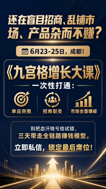 商务活动宣传海报，内容为：大标题"还在盲目招商、乱铺市场、产品杂而不赚？"，副标题"6月23-25日，成都！"，主标题"《九宫格增长大课》一次性打通：单品突围、招商裂变、市场全面爆破！"，文案"别把血预览效果