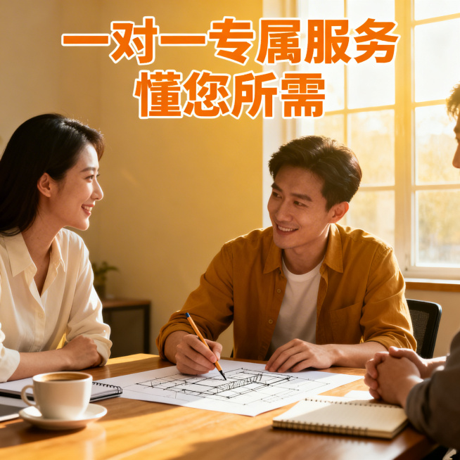 淘宝效果图制作店面图，突出一对一专属服务，画面展示设计师与客户沟通交流的场景，设计师手绘草图，客户点头认可，配文"一对一专属服务 懂您所需"，亲切专业风格，暖黄色调预览效果