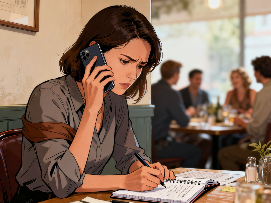 连环漫画第二格：同一位女性在餐厅角落，一边用肩膀夹着手机通话，一边快速在笔记本上记录信息，眉头微蹙神情专注，正在联系销售团队寻找恒温药品的替代收货人，背景虚化露出聚会的一角，写实漫画风格预览效果