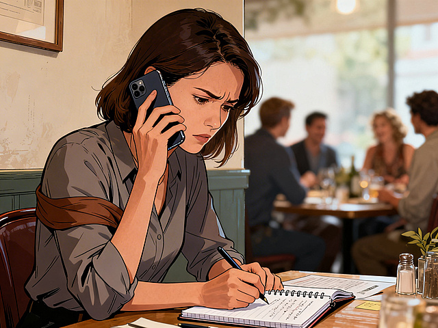 连环漫画第二格：同一位女性在餐厅角落，一边用肩膀夹着手机通话，一边快速在笔记本上记录信息，眉头微蹙神情专注，正在联系销售团队寻找恒温药品的替代收货人，背景虚化露出聚会的一角，写实漫画风格