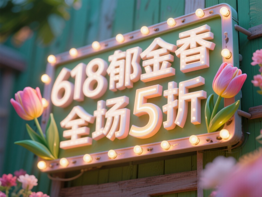 正面视角灯牌效果，3D灯牌文字，文字内容为“618郁金香全场5折”，田园预览效果