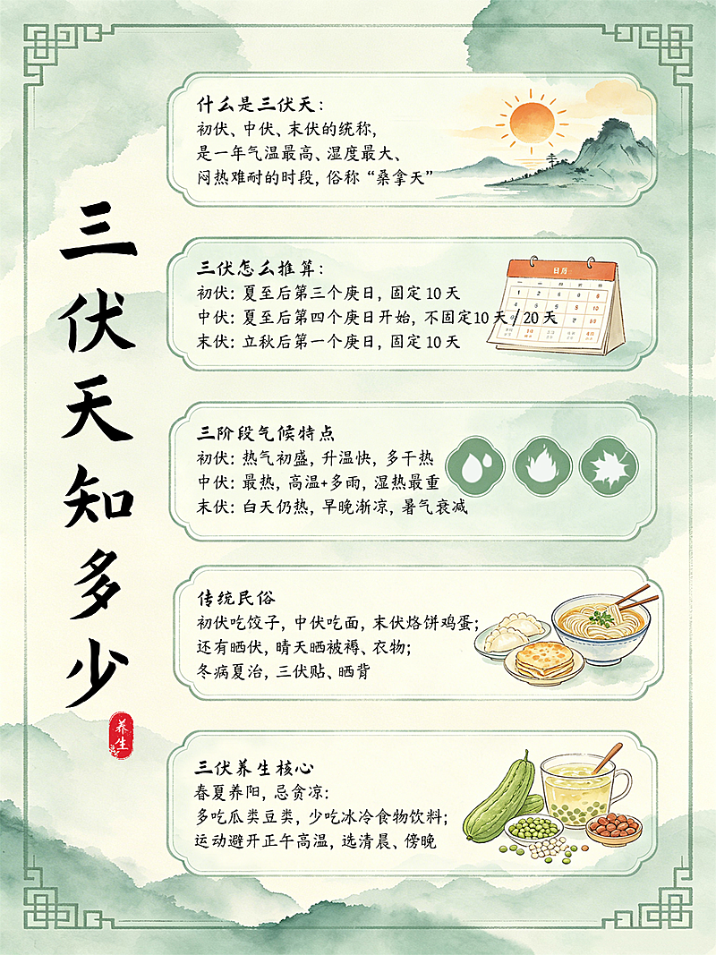 三伏天养生知识科普分享清新感小红书配图
