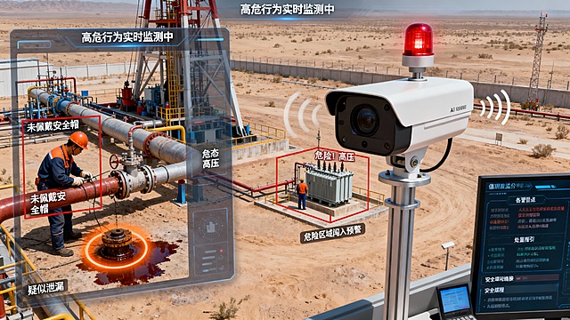 戈壁油田作业区，一台AI摄像机安装在高处支架上，镜头覆盖包含设备、管线与人员的作业现场。摄像机侧方悬浮的集成面板，同时显示对三项高危行为的实时识别：

人员行为识别：一名在管线旁操作的工人被红色框标注，旁注“未佩戴安全帽”。

设备状态识别：一处法兰连接点下方地面有新鲜油渍，被橙色光晕圈出，标记“疑似泄漏”。

区域入侵识别：远景中，一名人员正接近标有“危险！高压”的变压器区域，被动态红框锁定并提示“危险区域闯入预警”。

面板顶部统一显示状态：“高危行为实时监测中”。画面中，该区域的声光报警器正发出警示红光与蜂鸣。背景值班室的监控大屏上，同步弹出各预警点的详细信息、处置指引与相关安全规程链接。

整体画面在真实、开阔的油田环境中，通过一个集成的智能分析界面，将分散的人员违规、设备隐患与区域入侵风险实时关联呈现，生动诠释了AI如何通过精准视觉感知，主动捕捉并预警多类高危行为，形成主动安全防线。