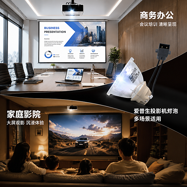 [主图-4] 投影机灯泡多场景应用展示图，使用场景。
[氛围风格] 真实场景感，商务+家用双场景，实用专业；
[画质] 商业场景摄影质感、光线自然真实、产品融入环境、画面干净有层次。
[元素] 画面采用上下分屏或画中画布局，展示两大使用场景。上半部分/左侧：商务会议室场景，现代化明亮的会议室中，天花板吊装的爱普生投影机正投射出清晰的商务PPT画面到100寸投影幕布上，会议桌、椅子、笔记本电脑、绿植等元素丰富，体现商务办公使用场景。下半部分/右侧：家庭影院场景，温馨的客厅环境中，爱普生投影机投射出大尺寸电影画面，沙发、靠垫、暖光台灯等营造家庭观影氛围。画面一角或中央位置放置投影机灯泡产品图（透明玻璃外壳、米色底座、黑色电线插头），灯泡有微光效果。**保持灯泡产品外观（即物理结构、材质质感、颜色、形状、线材、插头）与输入产品图一致，杜绝任何变形和色差，精细化处理；场景图中的投影机和投影画面需真实可信，灯泡产品自然融入不突兀**。
[光影] 会议室场景明亮冷白光，体现专业商务感；家庭影院场景暖色调暗光，体现温馨观影感。灯泡产品有独立打光，玻璃通透有高光。
[配色] 上半部分冷白蓝调（商务）；下半部分暖黄橙调（家用）；灯泡产品保持本色银白+米色。
[视角构图] 上下/左右分屏场景布局，灯泡产品置于画面中央或角落作为连接元素，两个场景各自有独立的透视和景深，整体和谐统一。
[文字版式] 商务场景上方标注"商务办公"白色粗体中号字，下方小字"会议培训 清晰呈现"。家庭场景上方标注"家庭影院"白色粗体中号字，下方小字"大屏观影 沉浸体验"。灯泡旁标注"爱普生投影机灯泡 多场景适用"白色粗体。文字均放在负空间，不遮挡场景主体和灯泡。
[输出要求] 1:1比例，文字清晰锐利，超高清商业场景摄影质感。
[负向提示词] 变形，文字错乱，产品图模糊，背景杂乱，水印，电商平台Logo，多余的手，畸形手，人物面部扭曲，飞利浦字样，PHILIPS字样，原装字样。