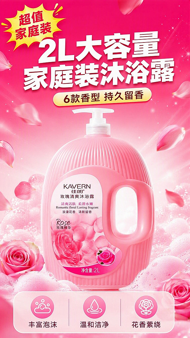 [商品] 使用【图1】佳朗玫瑰清爽沐浴露，2L粉色椭圆大瓶装，白色按压泵头，带侧把手；保留瓶身结构、颜色、KAVERN佳朗Logo、标签文字、玫瑰图案、竖纹纹理、泵头方向和瓶型比例不变；商业精修质感，表面光洁。
[画面] 拼多多风格详情页头图，产品居中偏下放大展示，占画面约50%，产品周围飘散玫瑰花瓣和粉色泡沫元素；上方大标题区，背景为玫红到粉红渐变，顶部有装饰性爆炸贴；阅读动线从上到下，前景花瓣、中景产品、后景渐变光晕。
[视觉] 套系策略：风格=拼多多爆款风格，大字报式排版，高饱和度，强促销氛围，突出性价比；标题字=超粗黑体，大号醒目；正文字=简洁无衬线体；主色=玫红到粉红渐变；背景延展=基于玫红粉色系做深浅渐变、光晕和花瓣元素；强调色=金黄色，仅用于促销标签和装饰；标题色=白色；正文色=深灰黑色；组件=爆炸贴、圆角信息卡、装饰标签；光影=明亮商业棚拍光，高光感，产品清晰。
[文字] 顶部居中主标题「2L大容量 家庭装沐浴露」，副标题「6款香型 持久留香」，左上角装饰标签「超值家庭装」，底部3个短卖点：「丰富泡沫」「温和洁净」「花香萦绕」；文字全部横排，不遮挡产品主体和Logo，不出现价格。
[规格] 图片比例9:16竖版，2K分辨率，避免变形、错字、文字过小、虚假宣传、极限词、低俗擦边、价格标注、冷蓝背景、产品颜色改变、瓶型失真。