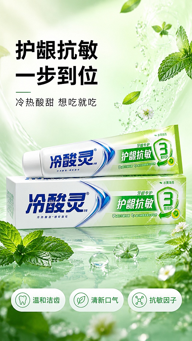 [第1屏] 详情页头图主视觉-冷酸灵护龈抗敏牙膏新品宣传海报。本屏使用【图1】作为商品主体，牙膏管与包装盒组合展示全貌。
[氛围/风格] 清新自然口腔护理风，绿色草本水润质感，商业摄影级高清，抖音竖版强视觉冲击。
[元素布局] 牙膏管斜放在包装盒上方，置于画面中央偏右，占比约55%-60%；左侧留标题区，底部为薄荷绿叶与晶莹水珠装饰；背景为淡绿色渐变水光效果，漂浮着薄荷叶和草本植物元素；产品包装结构、颜色、文字与输入图完全一致，白绿蓝配色清晰可辨。
[光影质感] 左上方柔和自然光，右侧辅光提亮，产品底部自然投影，整体通透明亮，牙膏管身有细腻高光。
[配色色系] 全局底色 #E8F5E9 淡绿色渐变；主色清新绿+白色；辅助色深蓝品牌字+薄荷绿点缀。
[视角构图] 正面微仰视，产品为视觉中心，阅读动线左上标题 → 中部产品 → 底部卖点条。
[文字版式] 版式为左上标题 + 右侧产品 + 底部三胶囊卖点。主标题「护龈抗敏 一步到位」，副标题「冷热酸甜 想吃就吃」，两行粗黑体左对齐；底部三个圆角胶囊分别写「温和洁齿」「清新口气」「抗敏因子」；文字不遮挡产品主体。
[比例分辨率] 9:16 竖版比例，4K 分辨率，文字清晰可辨，高清画质。
[负向提示词] 产品变形，包装文字错乱，颜色偏差，水印，文字过小，背景杂乱，缺件错件。