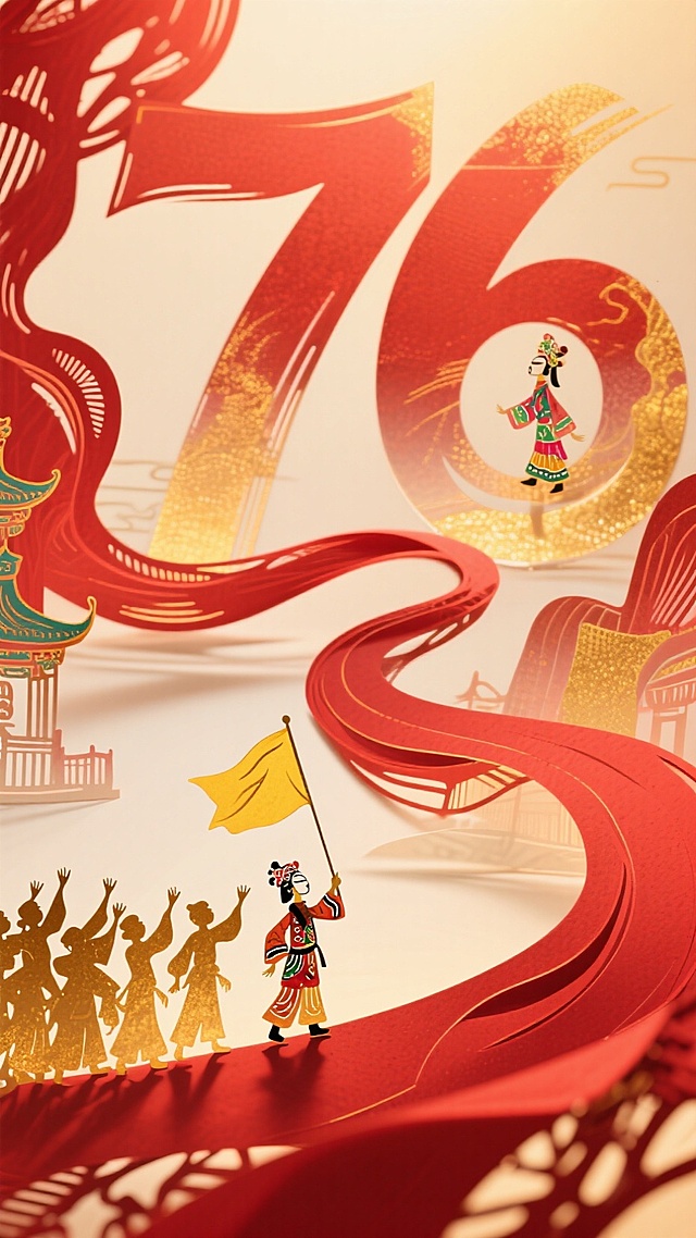 国潮风剪纸艺术，融合皮影与撕纸元素，红色绸带勾勒“76”数字，戏曲人物跃动其间，喜庆热烈，尽显中式民族韵味。