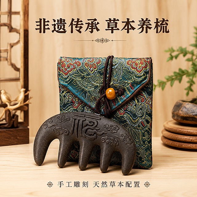 「图片1」，生成一套主图（5张），商品名称是非遗草本梳，卖点是含有草本植物，何首乌，侧柏，桑葚，当归，红花，人参，做图时候=不要违规，不能存在药，适配淘宝/天猫平台，主图比例为1:1