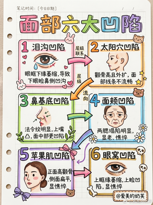 根据原图内容生成马克笔手绘风格手账读书笔记，一级标题为"面部六大凹陷"，分六个彩色模块整理：1泪沟凹陷、2太阳穴凹陷、3鼻基底凹陷、4面颊凹陷、5苹果肌凹陷、6眼窝凹陷，保留每个凹陷的核心说明，右下角预览效果
