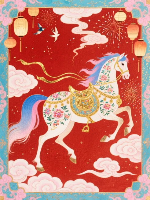 主体是饰有花卉纹样的带有翅膀的敦煌翼马（鬃尾呈蓝粉渐变飘逸质感，搭配彩金华丽鞍具）在祥云间优雅奔跑，鬃毛和尾巴如丝带般飘扬。背景为正红底和繁复的蓝粉祥云装饰边框，点缀灯笼、烟花、飞鸟元素及细碎星光预览效果