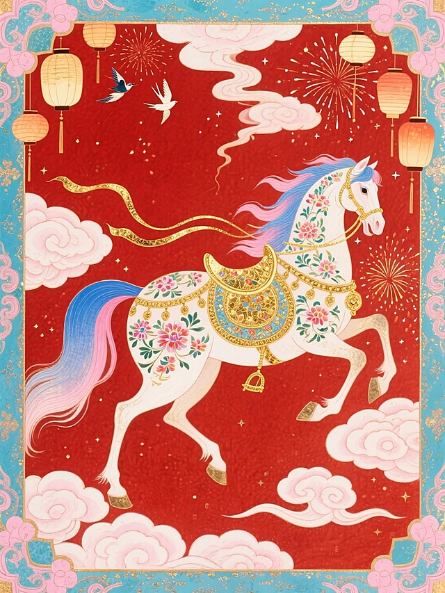 主体是饰有花卉纹样的带有翅膀的敦煌翼马（鬃尾呈蓝粉渐变飘逸质感，搭配彩金华丽鞍具）在祥云间优雅奔跑，鬃毛和尾巴如丝带般飘扬。背景为正红底和繁复的蓝粉祥云装饰边框，点缀灯笼、烟花、飞鸟元素及细碎星光