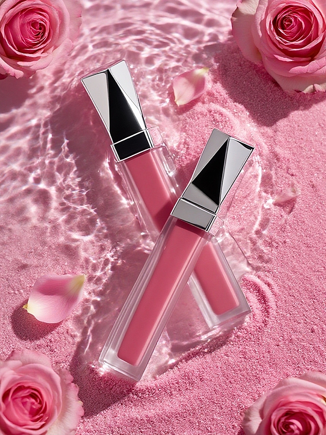 俯拍视角，重新打光的产品置于（波光粼粼的水面下，粉色细沙上），周围环装饰着新鲜粉玫瑰，粉玫瑰花瓣散落在水面上，渲染出层次感的色调，明暗对比强烈，使用逼真的灯光和色彩运用