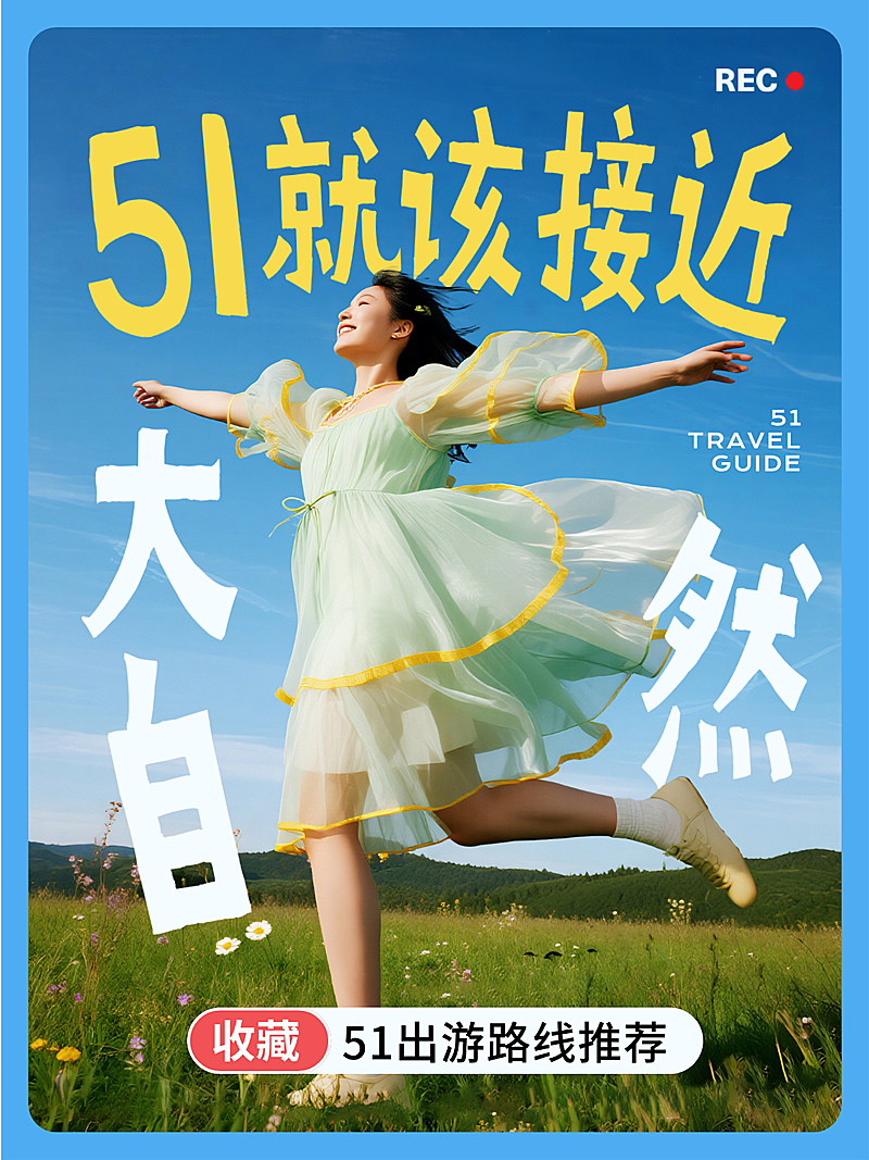 蓝色趣味大字五一劳动节旅游路线推荐小红书封面