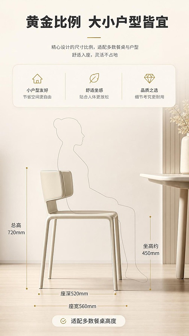 [商品] 使用【图1】左侧DY-8815A雅士白餐椅；保留整体结构、颜色、材质与比例；商品处理：保持产品原貌，增强质感，侧视角度展示尺寸关系。
[画面] 目标：空间尺度页，展示餐椅尺寸与小户型适配。上文下景构图，顶部1/4文案区，下方3/4为餐椅侧视角度+尺寸标注；以人物坐姿剪影作参照，标注总高、坐高、座宽等关键尺寸；产品占画面约50%，背景为简洁浅色调。
[视觉] 套系策略：风格=现代轻奢极简家居商业摄影；标题字=现代无衬线粗体（思源黑体Heavy）；正文字=简洁无衬线体（思源黑体Regular）；主色=雅士白（浅米杏）；背景延展=基于浅米杏做深浅层级、同色渐变和细腻哑光墙面/木质感；强调色=香槟金，仅用于小面积图标、引线和标签；标题色=深炭灰；正文色=中暖灰；组件=圆角浅底信息卡、细线引线、数字序号胶囊；光影=左前侧暖柔光，柔和自然阴影。
[文字] 顶部主标题「黄金比例 大小户型皆宜」（10字）；尺寸引线标注：「总高720mm」「坐高约450mm」「座宽560mm」「座深520mm」；底部补充「适配多数餐桌高度」。
[规格] 图片比例9:16竖版，4K分辨率，淘宝/天猫移动端适配；负向提示：避免变形、错字、文字过小、冷蓝背景、产品颜色改变、结构失真、极限词。