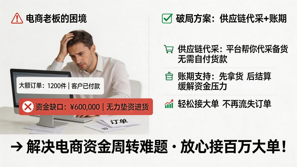 一张电商资金周转主题的宣传图，电商卖家面对订单和大单却因为缺少资金无法进货和垫资，展示供应链代采加账期解决资金周转难题的方案，商务风格，突出电商从业者资金短缺的困境和破局方法预览效果