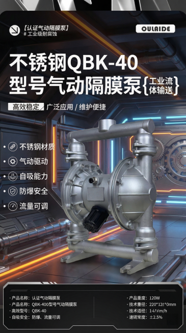 参考第一张图片的版式风格，为不锈钢QBK-40型号气动隔膜泵生成一张工业电商详情页，整体采用硬朗的工业风格，深色配色方案，突出产品质感，展示产品主体和产品卖点文案预览效果
