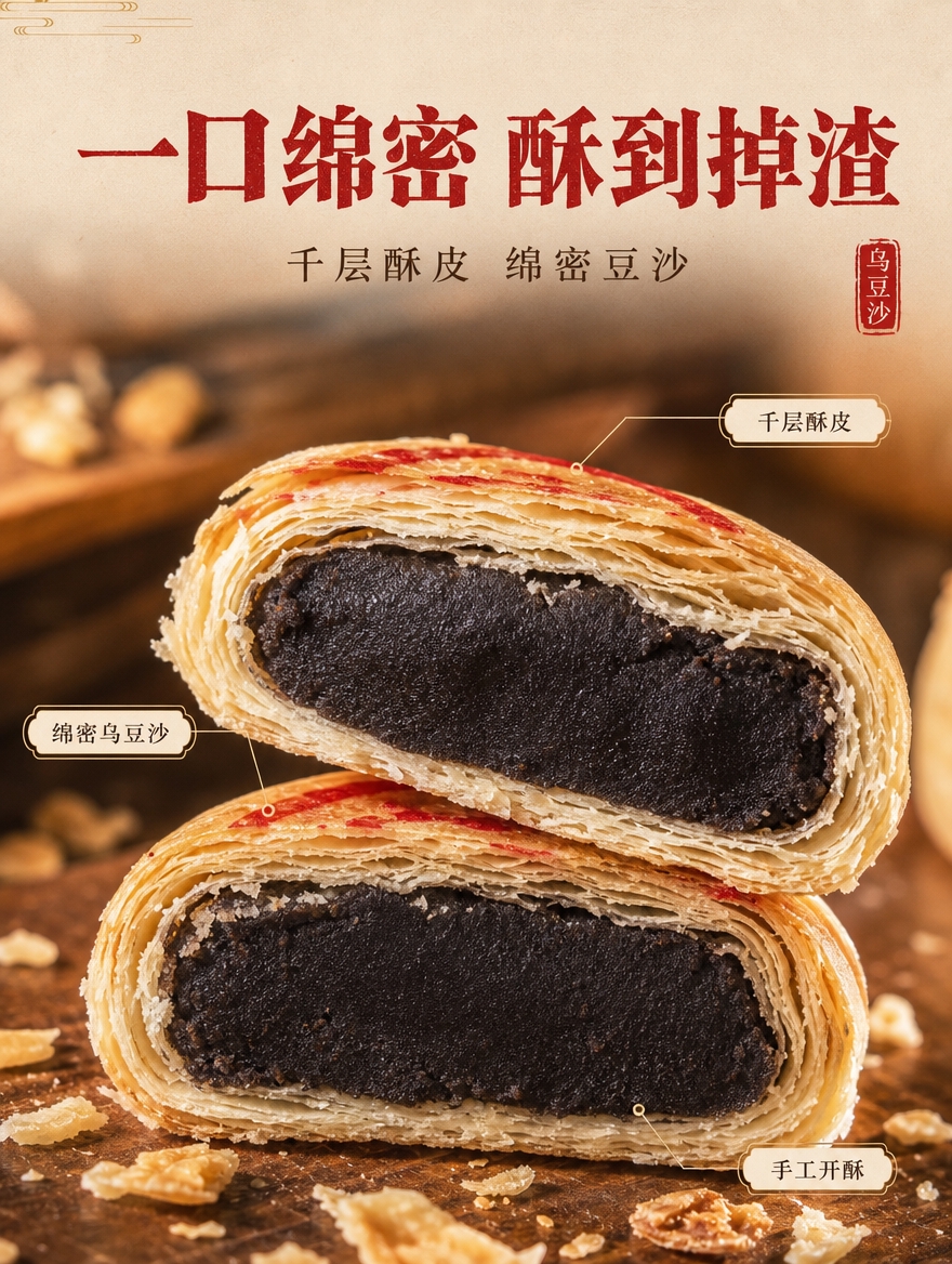 [详情-3] 口感质地特写，乌豆沙朥饼切面微距，突出酥皮层次与… - 图片创意预览