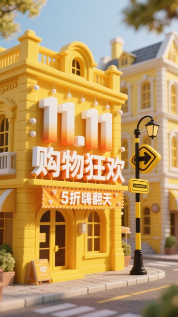以黄色为主色调，前景是立体字组成的醒目建筑， 上面挂着“11.11购物狂欢” 立体大字（白与暖橙渐变，配装饰）及下方 “5 折嗨翻天” 横幅；旁边有黄黑配色创意感路牌装置；背景是黄调欧式建筑街预览效果