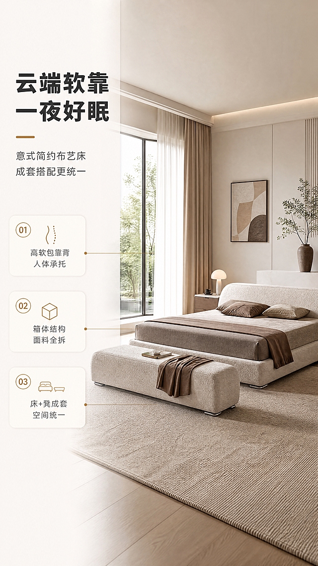 [商品] 使用【图1】意式简约布艺软包床；保留床的整体轮廓、弧形高软包床头、低床架箱体结构、浅米色布艺材质、床脚样式；商品处理：自然理顺布艺面料纹理，增强缝线与面料质感，提升整体精致度，不改变床的结构比例和颜色。
[画面] 目标：整屋卧室场景头图，展示床+床尾凳成套搭配的意式简约高级氛围；构图：左文右景，左侧约1/3竖列文案区，右侧大场景卧室；主体位置：床位于画面右侧中心，床尾凳置于床尾，成套呈现；主体占比：床+床尾凳约占画面55%；景别：中远景整屋视角；阅读动线：左上标题→左中卖点→右侧场景；前中后景：前景地毯、中景床与床尾凳、后景落地窗+窗帘+精致软装；场景：明亮通透的意式简约卧室，大面积自然光，浅色调空间，搭配精致软装（台灯、花瓶、装饰画、地毯）。
[视觉] 套系策略：风格=意式简约高级商业摄影；标题字=现代简约粗黑体；正文字=简洁无衬线体；主色=暖白+浅米杏；背景延展=基于暖白浅米做深浅层级、同色渐变和细腻哑光质感；强调色=暖棕金，仅用于小面积图标、引线和标签；标题色=深炭灰；正文色=中暖灰；组件=圆角浅底信息卡、细线引线、数字序号；光影=左前侧暖柔自然光，明亮通透，高级亮调。
[文字] 左侧竖列：主标题「云端软靠 一夜好眠」，副标题「意式简约布艺床 成套搭配更统一」，3条亮点：「高软包靠背 人体承托」「箱体结构 面料全拆」「床+凳成套 空间统一」，文字不遮挡床主体与床头造型。
[规格] 图片比例9:16竖版，4K分辨率，quality=medium；避免变形、错字、文字过小、冷蓝灰背景、床结构失真、颜色改变、暗调低光。
