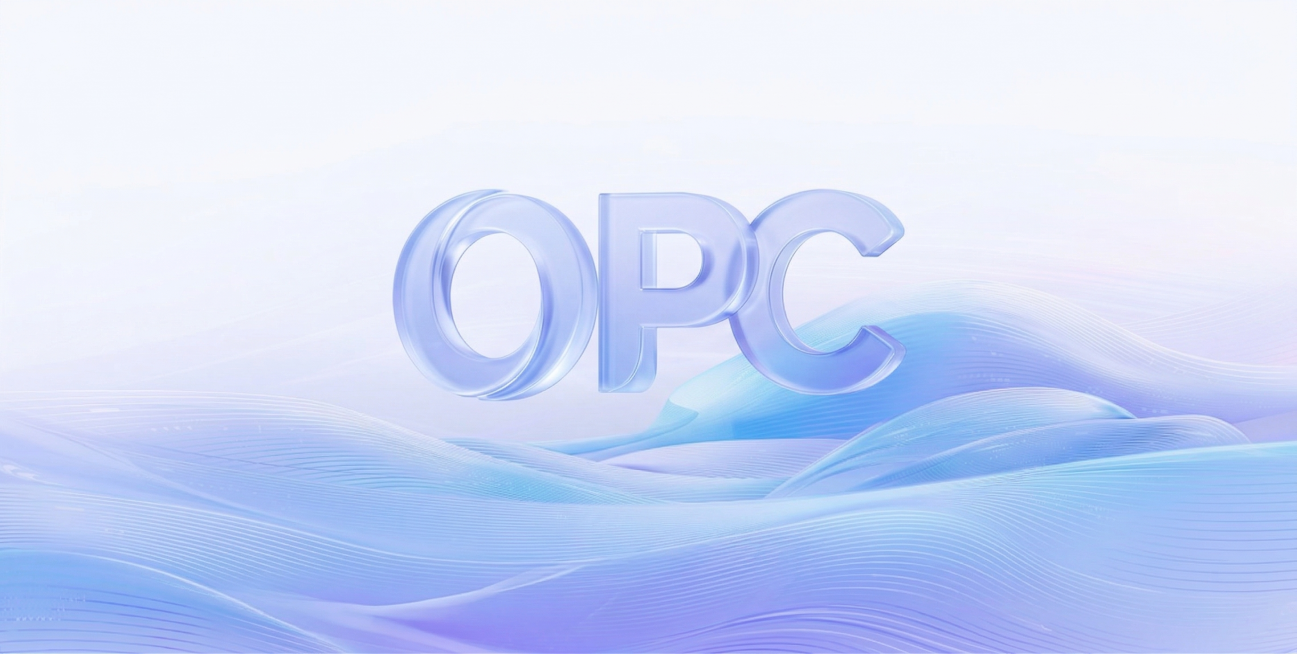 将原图中的文件夹、放大镜等元素替换为字母OPC，保持原图片的浅蓝紫色渐变背景、波浪线条科技感风格，保持整体光影和质感一致预览效果