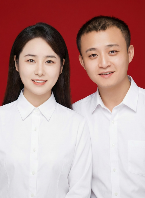 制作一张结婚登记照风格的图片，要求画面清晰、正式 。 画面中女生在左男生在右，女性五官发型保持不变穿着白色衬衣；男性五官发型保持不变穿着白色衬衫。背景为红色 。预览效果