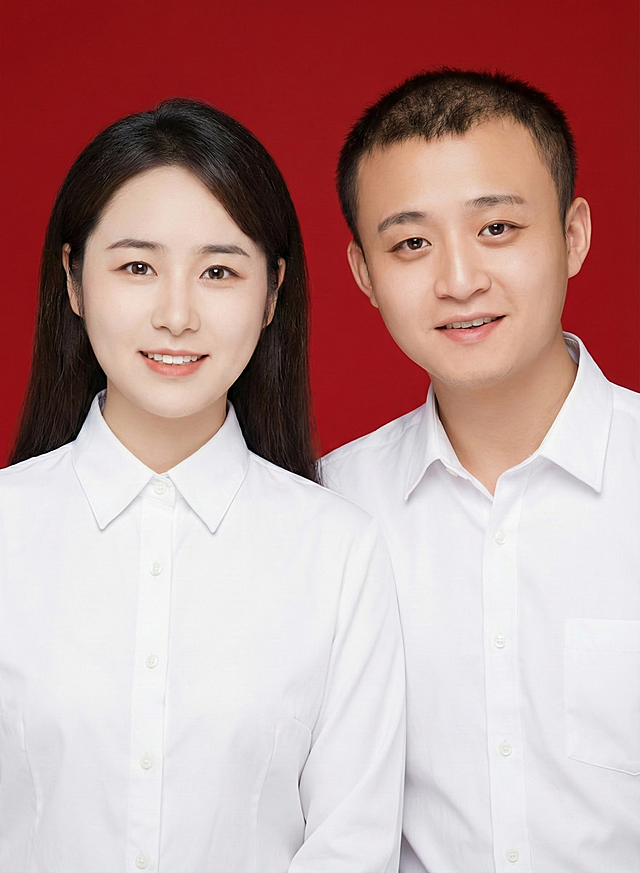 制作一张结婚登记照风格的图片，要求画面清晰、正式 。 画面中女生在左男生在右，女性五官发型保持不变穿着白色衬衣；男性五官发型保持不变穿着白色衬衫。背景为红色 。