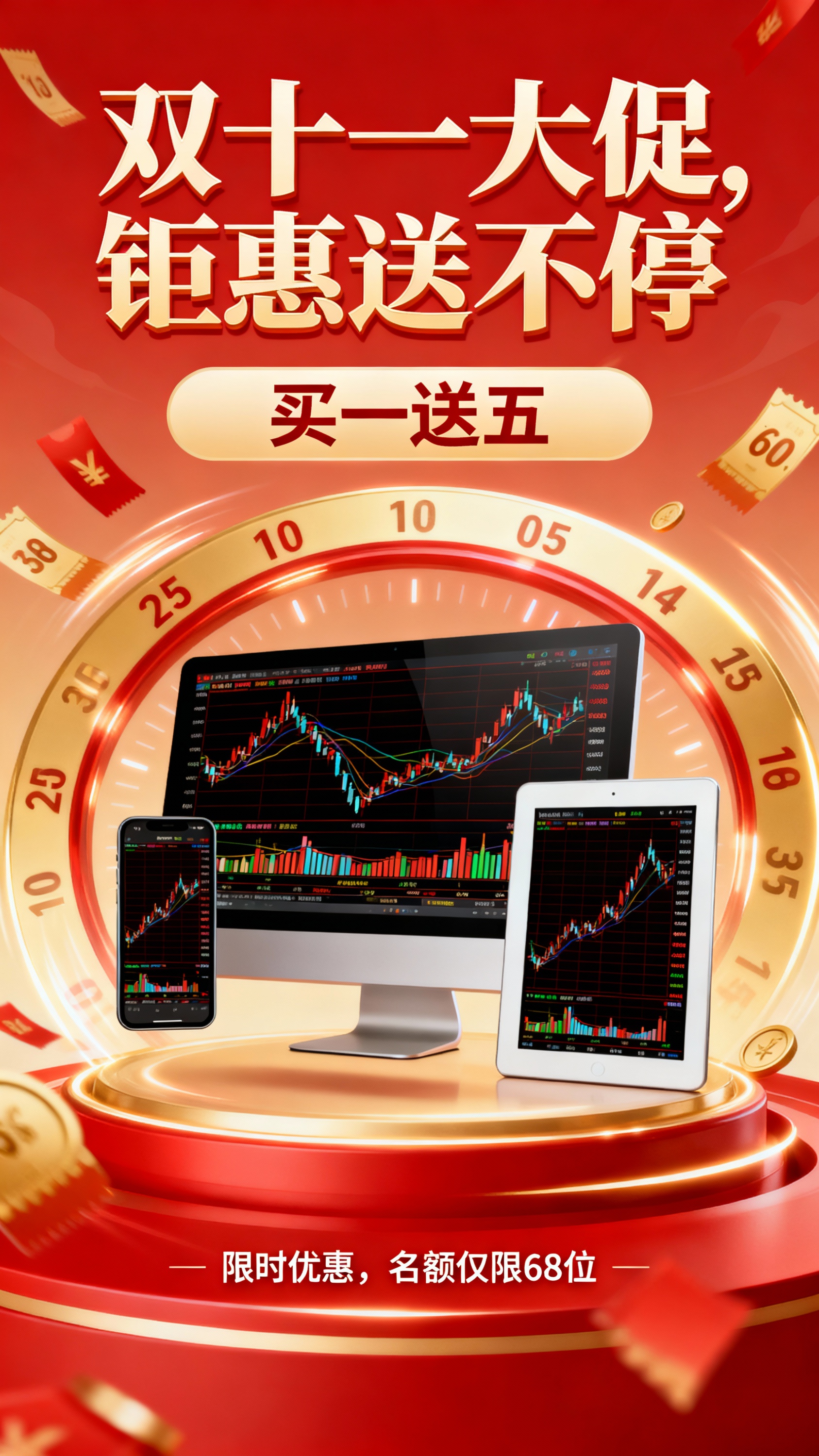 红金渐变促销色调，中央悬浮展示电脑端、手机端、iPad三款设备… - 图片创意预览