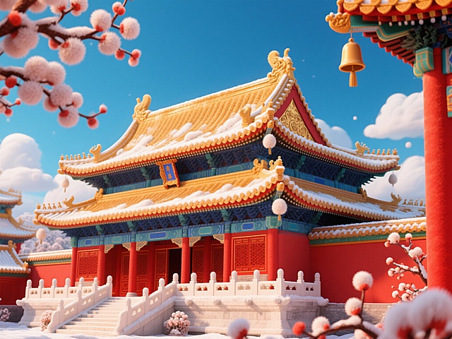 故宫太和殿，全面毛绒化，太和殿鎏金顶蓬松金丝绒渐变（阳光金、暖香槟），垂脊神兽变成绒球装饰，朱红色宫墙低饱和度红短绒，屋顶覆雪变成奶油花边，汉白玉台阶毛绒，角楼多层毛绒叠搭（深蓝、浅蓝渐变），檐角风铃变成绒球串，天空背景毛茸茸的云朵，前景茂密的毛茸茸质感腊梅